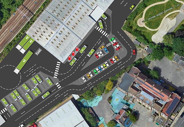 birdseye view showing how this would look with hundreds of vehicle movements along the edge of the playground